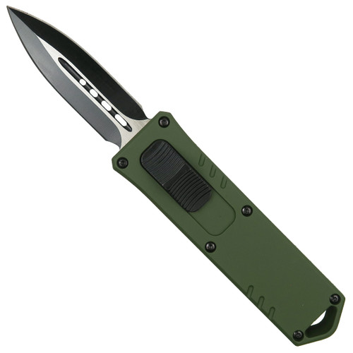 Compact Commando Stubby Green OTF Auto Knife, Black and Satin Dagger Blade