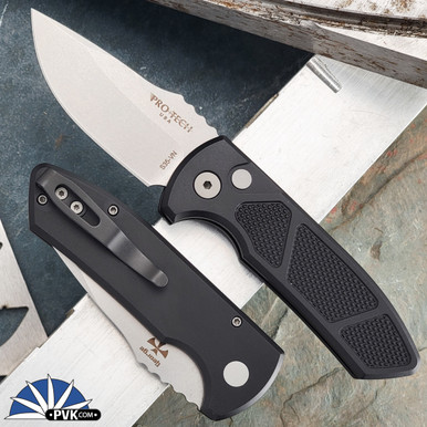 Protech Les George SBR Auto 405 Stonewash Blade, Textured Black Handle