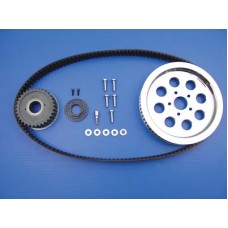 Rear belt and chrome pulley kit includes a 32 tooth transmission pulley with locknut assembly, a 66 tooth chrome rear pulley and a 20mm wide BDL belt.